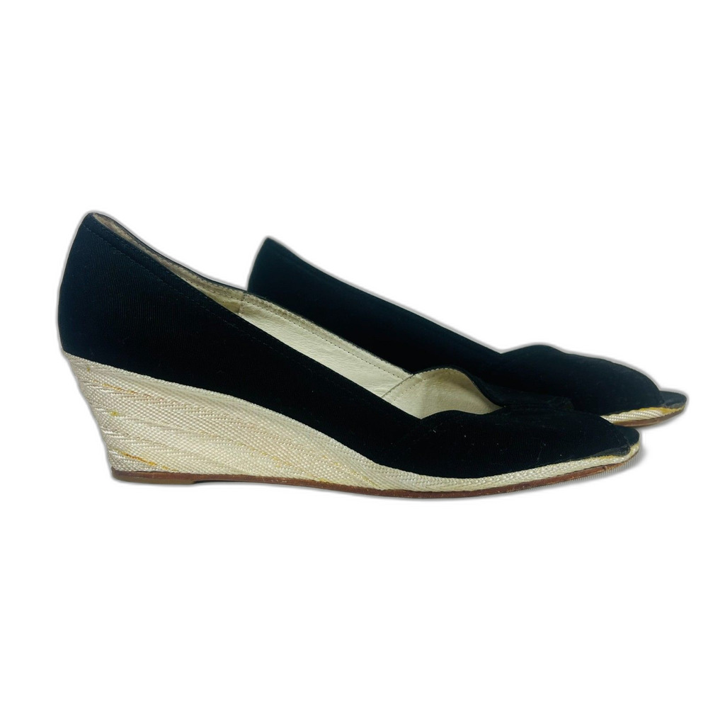 Steven Steve Madden Baltic Black Wedge 8.5 Peep Toe Leather Espadrille Slip On